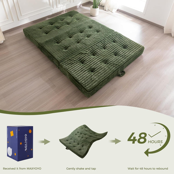 Floor Sofa Couch, 6 Inch Tri-Fold Floor Sofa Bed, Folding Mattress with Handles, Soft Faux Fur Folding Bed with Supportive Foam Filling, Portable Couch for Living Room, Full, Dark Green8