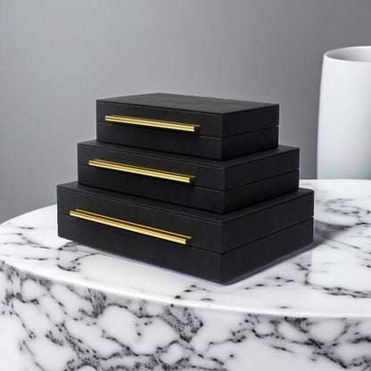 Faux Shagreen Decorative Stackable Jewelry Storage Boxes Set of 3,Black | Jewelry Organizers with Gold Metal Handles & Velvet Lining, Modern Black Box for Vanity, Entryway & Coffee Table Décor5