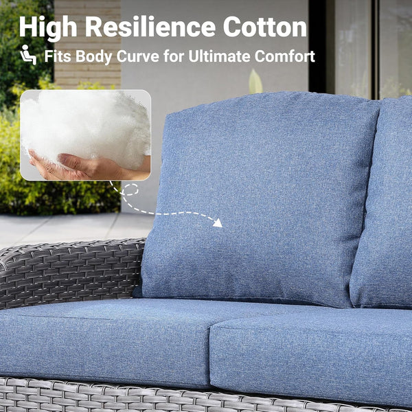 4-Piece Patio Furniture Set, Outdoor Wicker Sofa with Chairs Coffee Table, High Back Rattan Couch Loveseat with Comfy Cushions for Porch Yard Deck, Denim Blue5