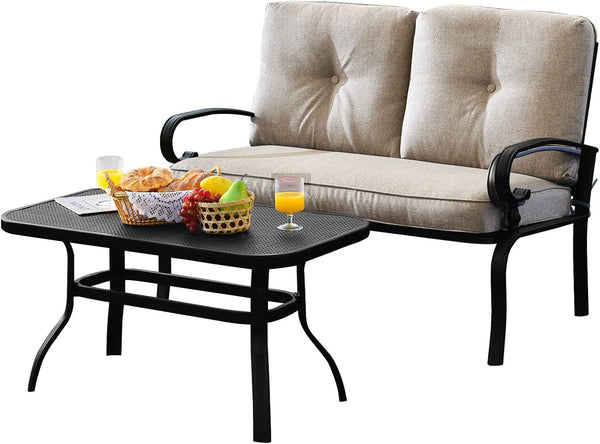 Patio Loveseat with Table Set, 2 Seat Cushioned Sofa with Coffee Table, Patio Conversation Sofa Set with Rustproof Frame, 2 Pieces Outdoor Furniture Set for Garden, Poolside, Balcony (Beige)1