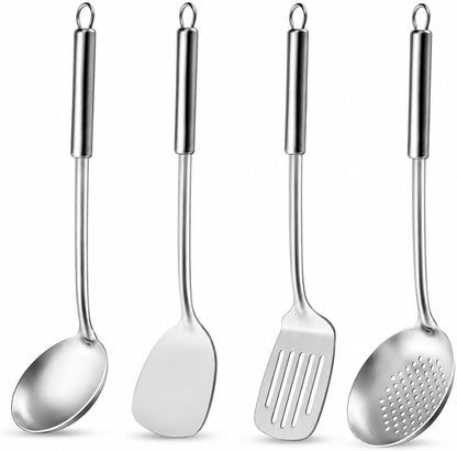 Cooking Utensils Set - 4 Pcs Stainless Steel Kitchen Utensils Set with Solid Turner, Slotted Turner, Serving Ladle, Slotted Spoon, Wok Utensils Set with Heat Resistant Handle, Dishwasher Safe1