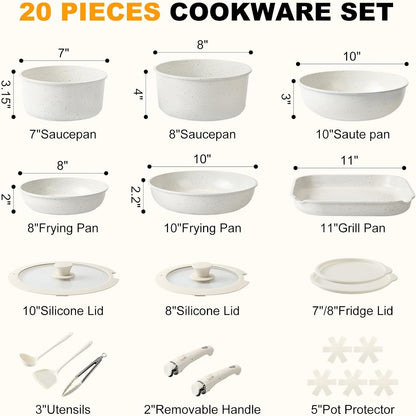 Pots and Pans Set Non Stick 20PCS, Ceramic Cookware Set Detachable Handle Non Toxic Stackable Kithchen Set, Dishwasher Oven Safe Induction Compatiable Frying Pans Pots Skillets, White8