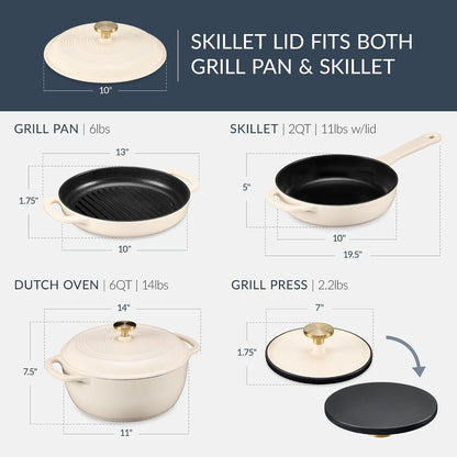 Best Choice Products 6-Piece Cast Iron Cookware Set, Ceramic Coated 6Qt Dutch Oven, 2Qt Skillet W/Lid, 10" Grill Pan W/Press, Non-Toxic, Heavy Duty, Gas/Induction Compatible, PFAS Free - Vanilla2