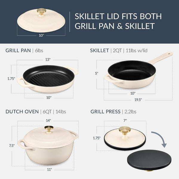 Best Choice Products 6-Piece Cast Iron Cookware Set, Ceramic Coated 6Qt Dutch Oven, 2Qt Skillet W/Lid, 10" Grill Pan W/Press, Non-Toxic, Heavy Duty, Gas/Induction Compatible, PFAS Free - Vanilla2