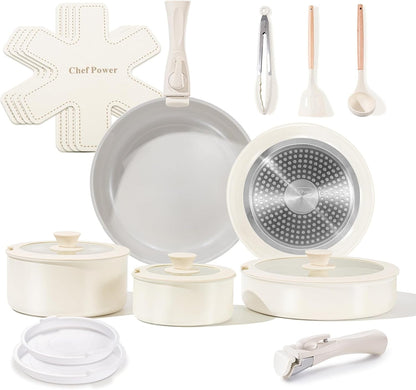 Ceramic Nonstick Pots and Pans Set 19 Piece with Detachable Handle, Induction Dishwasher Oven Safe Cookware Set, RV Kitchen Set Removable Handle, Granite Grey and White1