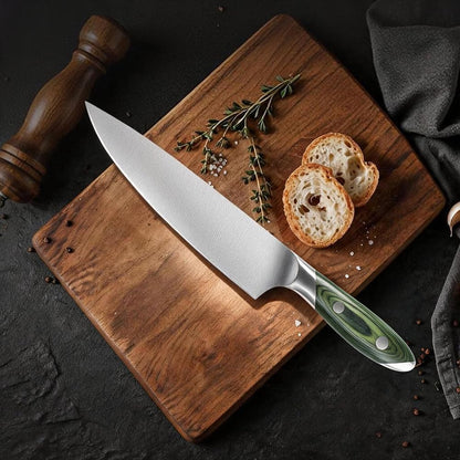 8 Inch Stainless Steel Kitchen Chef Knife, Green Pakkawood Handle5