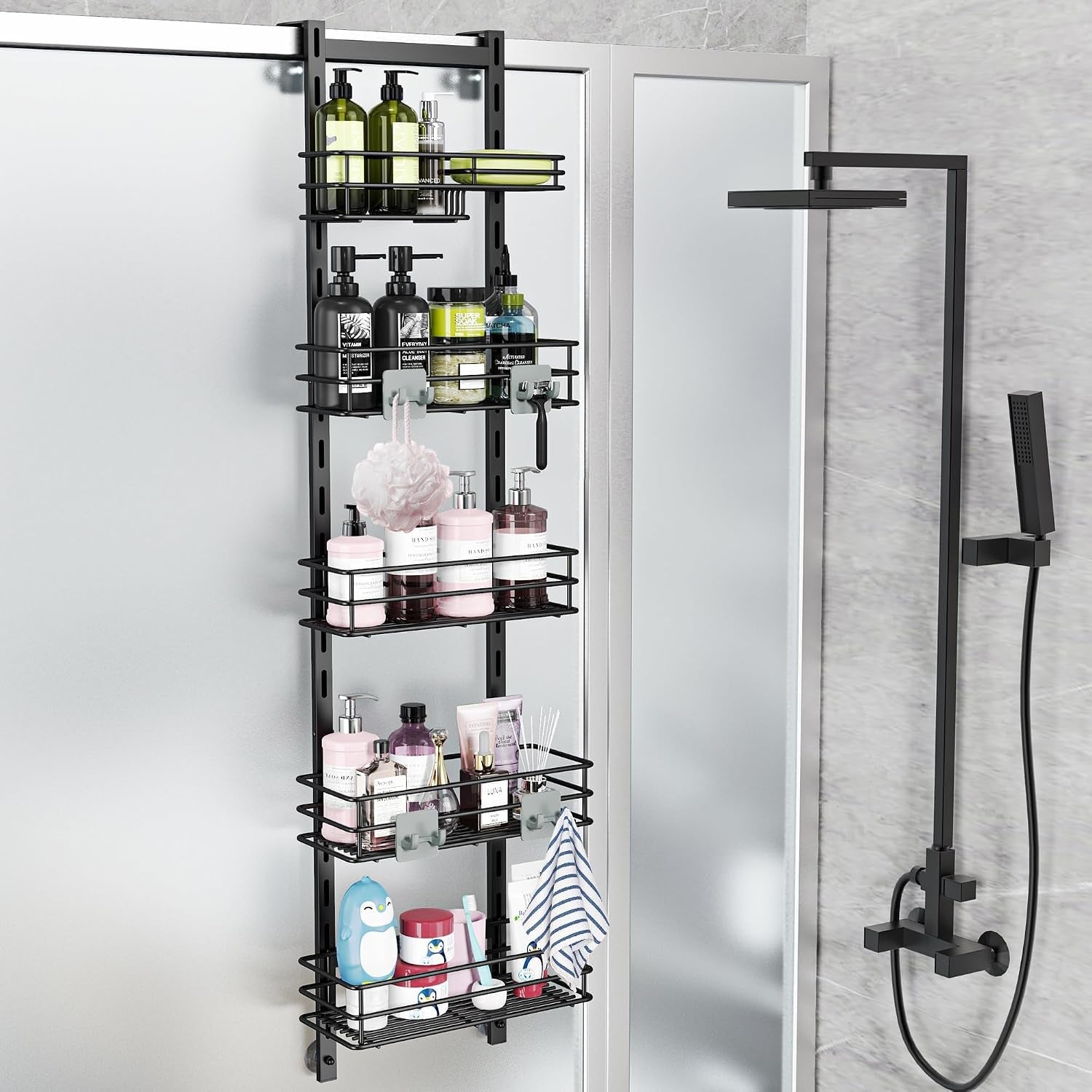 over-the-door-shower-caddy-adjustable-5-tier-black-bathroom-hanging-organizer-shelf-rustproof-with-4-hooks-shower-basket-with-soap-holder-and-suction-cup