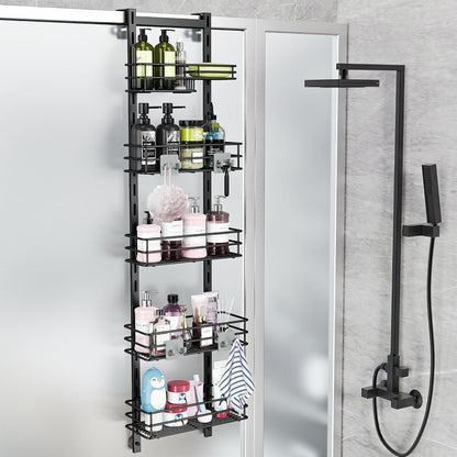over the Door Shower Caddy Adjustable 5 Tier Black,Bathroom Hanging Organizer Shelf Rustproof with 4 Hooks,Shower Basket with Soap Holder and Suction Cup1
