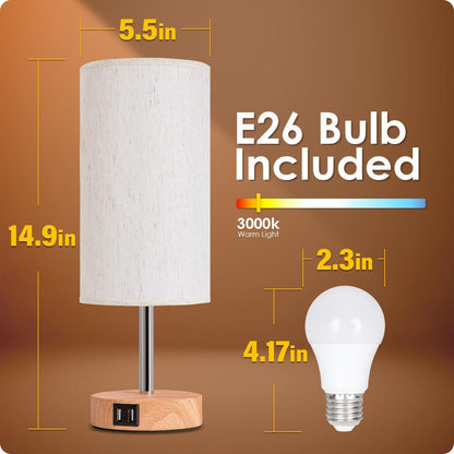 Bedside Lamps with USB Port - Touch Control Table Lamp for Bedroom Wood 3 Way Dimmable Nightstand Lamp Set of 2 with round Flaxen Fabric Shade for Living Room, Dorm, Home Office (2 Pack)6