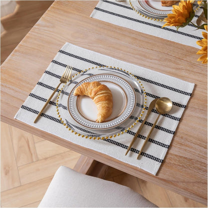 Boho Farmhouse Placemats Set of 4, Black Stripes Cotton Linen Woven Table Mats for Modern Dining Table, 13X19 Inch Rustic Kitchen Decor Place Mats1