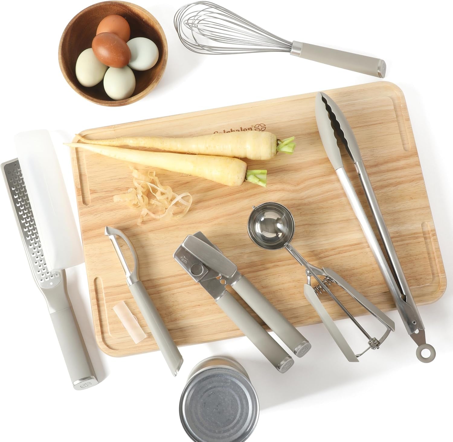 calphalon-edge-6-piece-stainless-steel-kitchen-tool-gadget-set-kitchen-utensil-set-with-silicone-accent-can-opener-straight-peeler-grater-tongs-balloon-whisk-and-scoop-taupe