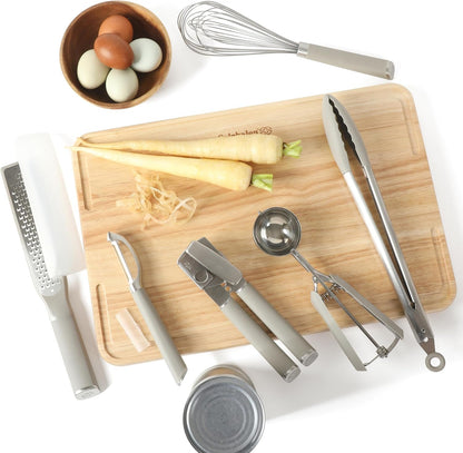 Calphalon Edge 6-Piece Stainless Steel Kitchen Tool & Gadget Set, Kitchen Utensil Set with Silicone Accent, Can Opener, Straight Peeler, Grater, Tongs, Balloon Whisk and Scoop (Taupe)2