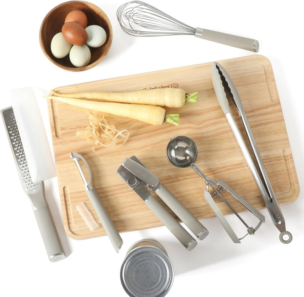Calphalon Edge 6-Piece Stainless Steel Kitchen Tool & Gadget Set, Kitchen Utensil Set with Silicone Accent, Can Opener, Straight Peeler, Grater, Tongs, Balloon Whisk and Scoop (Taupe)2