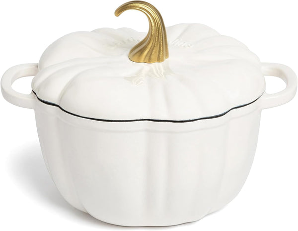 5.5 Qt Pumpkin Enameled Cast Iron Dutch Oven Pot, White | Pumpkin Cocotte for Soups, Stews, Braising & Sourdough Bread Baking. Oven Safe to 500°F. Induction Compatible.1