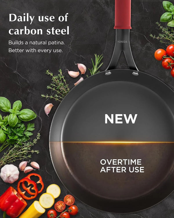 Carbon Steel Pan, 10 Inch Nonstick Frying Pan Skillet | Pre-Seasoned Carbon Steel Cookware with Removable Silicone Handle Holder, Indoor/Outdoor, Induction & Oven Safe3