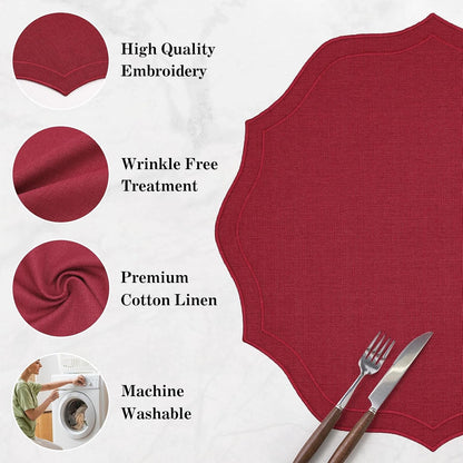 Faux Linen round Placemats Set of 4, Washable Wrinkle-Resistant Non-Slip Table Placemats, Double-Sided Scalloped Embroidered Fabric Placemats for Kitchen Dining Table Decor, 15.35", Burgundy4