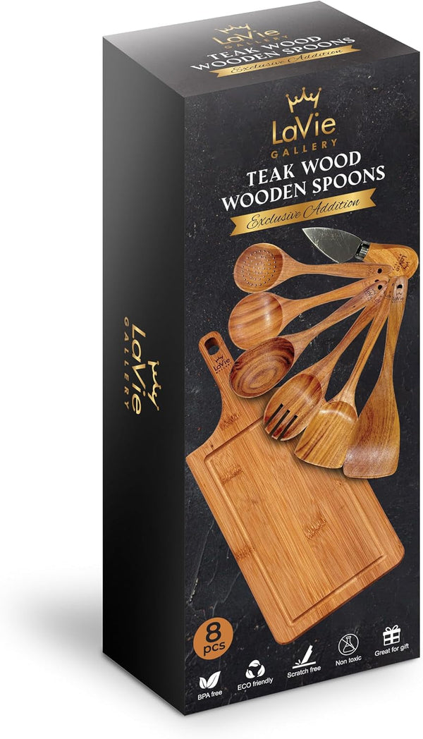 Wooden Spoons for Cooking, 8 Pcs Teak Wooden Kitchen Utensil Set, Teak Wooden Utensil Set, Wooden Cooking Utensils, Non Toxic Cooking Utensils with Knife and Bamboo Board2
