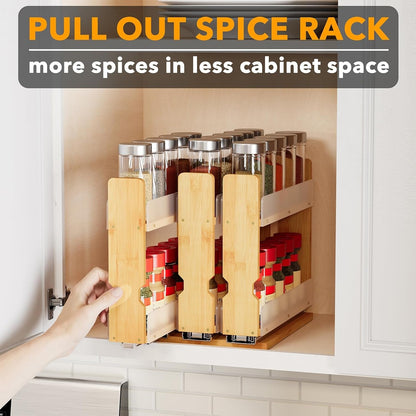 Bamboo Pull Out Spice Rack Organizer for Cabinet, Heavy Duty Slide Out Seasoning Kitchen Pantry Sliding Vertical Organization, 7.6" Wide, 3 Drawers(2" Wide), 2-Tier, Natural5