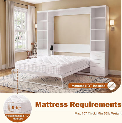 Queen Murphy Bed with 2 Bookcase, Space-Saving Wall Bed, White4