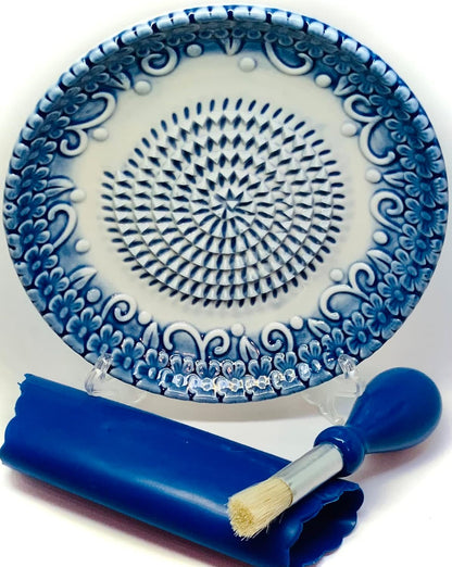 , Premium Ceramic Garlic Grater Plate Set - Blue Embossed | All-In-One 4-Piece Set Includes 5.25" Plate, Peeler, Brush, and Stand - for Garlic, Ginger, Fruits, Strawberries, and More!5
