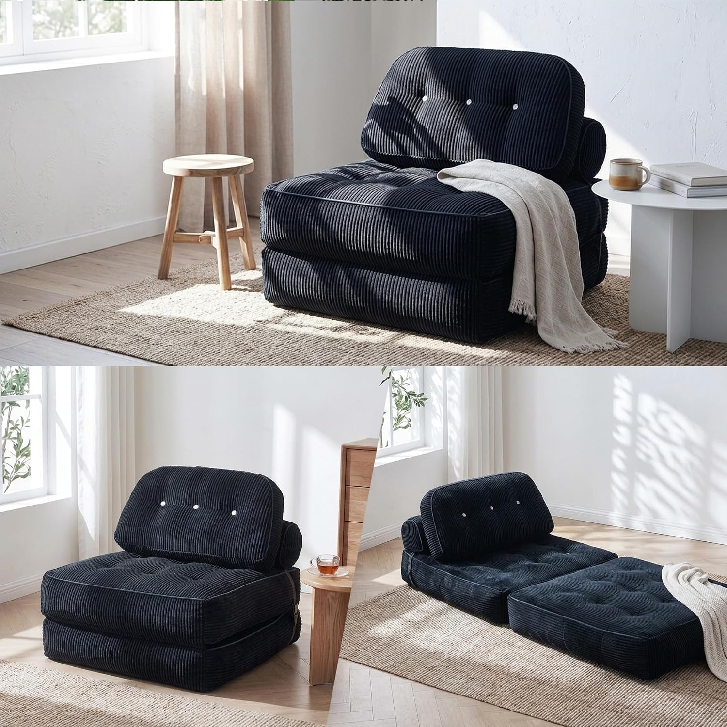 black-boneless-chair-bed-with-pillow-blanket-foldable-sofa-bed