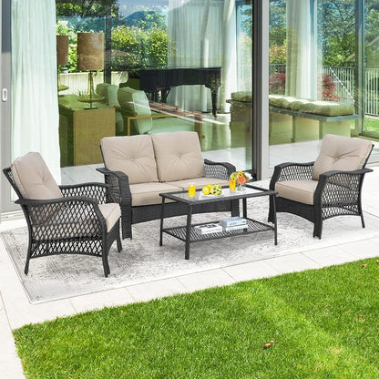 4 Pieces Outdoor Patio Furniture Set, Patiojoy PE Wicker Conversation Sofa Set with Tempered Glass Coffee Table, Sectional Rattan Patio Sofa Set for Garden, Backyard, Poolside (Beige)2