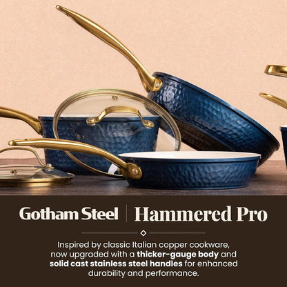 Hammered 10 Pc Pots and Pans Set Non Stick Ceramic Cookware | Heavy Duty 3.0MM Gauge, Non Toxic PFOA/PTFE/PFOS Free Ceramic & Titanium, Induction Compatible, Oven & Dishwasher Safe2