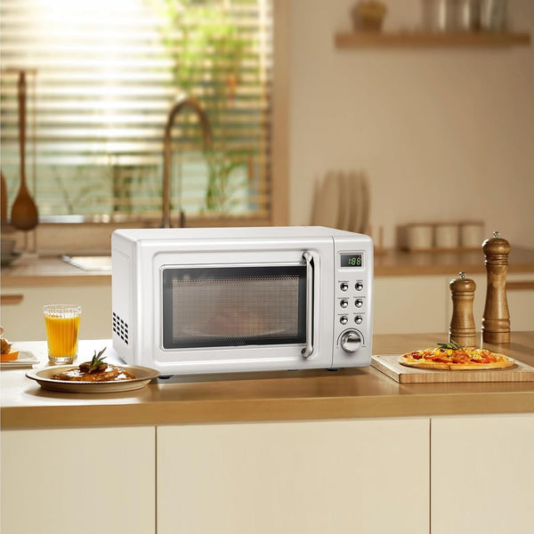 0.7Cu.Ft Retro Small Microwave Oven, 700W Compact Countertop Microwave with 5 Power Levels, Auto Cooking Menus, Glass Turntable, Child Lock & Glass Turntable for Apartment, Dorm (White)8