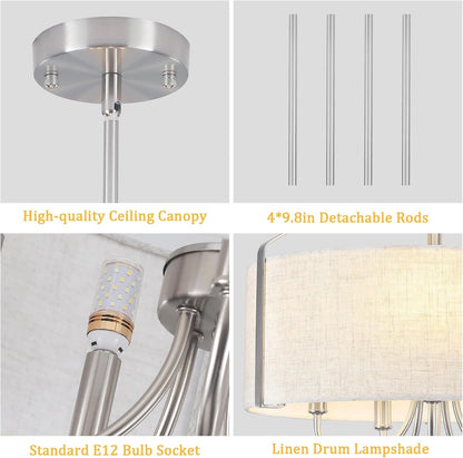 Drum Chandelier for Dining Room, 5-Light Modern Brushed Nickel Chandelier with Linen Shade, 18" Hanging Linen Drum Pendant Ceiling Light Fixture for Entryway, Foyer, Living Room, Kitchen, Bedroom7