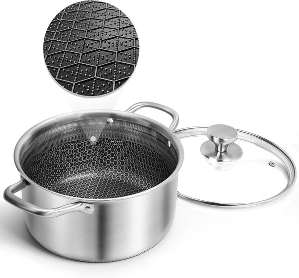™ Hybrid Nonstick 6 Quart Stainless Steel Stockpot with Glass Lid, Induction Stock Pot with Honeycomb Carving, Non-Stick Soup Pot Compatible with All Cooktops, Non-Toxic, Dishwasher & Oven Safe1