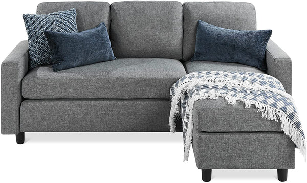 Upholstered Sectional Sofa for Home, Apartment, Dorm, Bonus Room, Compact Spaces W/Chaise Lounge, 3-Seat, L-Shape Design, Reversible Ottoman Bench, 680Lb Capacity - Gray1