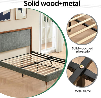 Queen Size Upholstered Platform Bed Frame with Wood Trim Headboard8