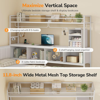 Twin Corner Bed Frame with Tall Storage Bookshelf, 5 Drawers & Power Strips3