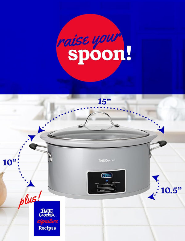 6-Quart Oval Digital Slow Cooker, 240 Watts, BC-4587S, Silver | Programmable Crock Pot up to 20 Hours, Electric Cooking Pot with LCD Digital Display, Removable Stoneware Crock Liner6