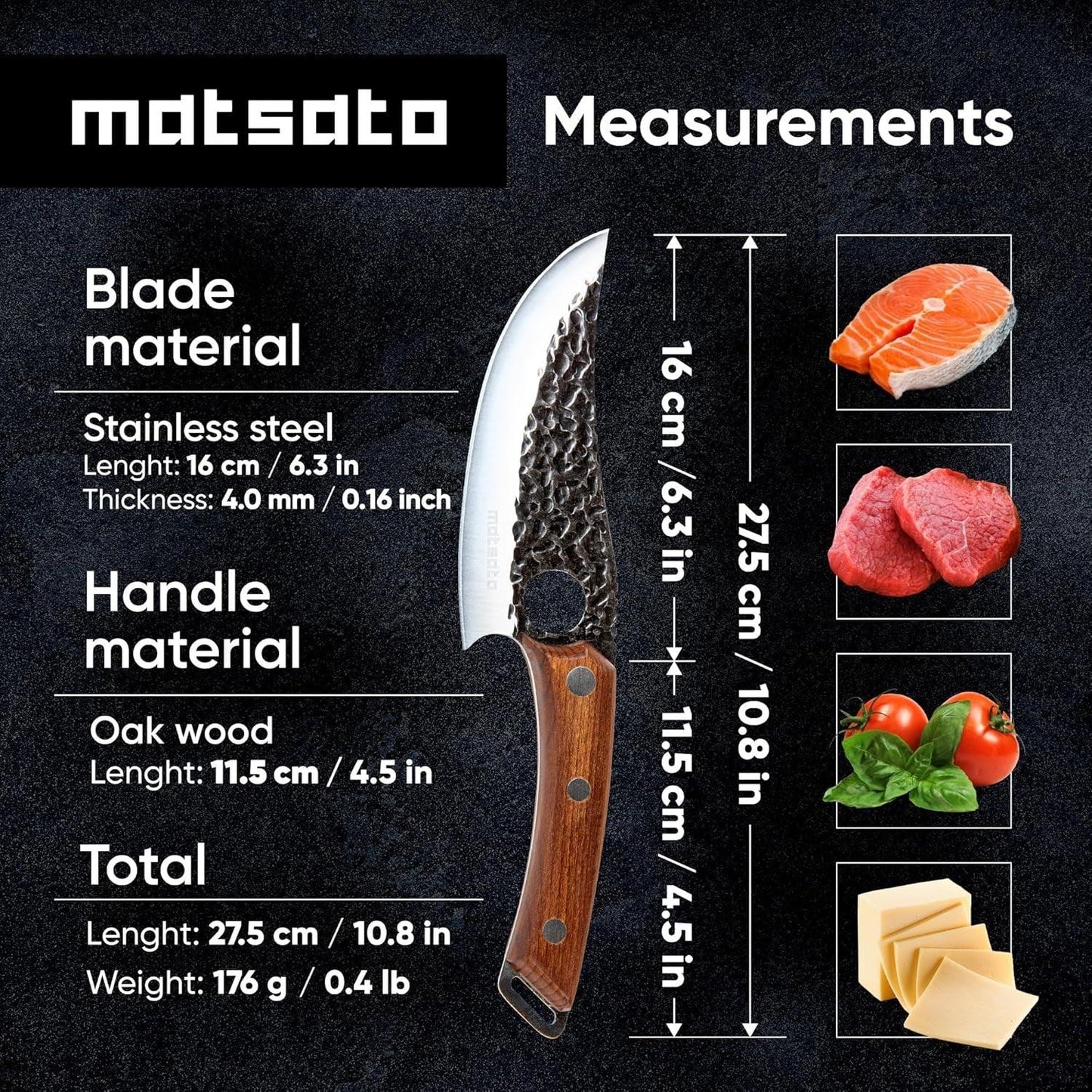 Matsata chef knife with 16cm stainless steel blade, oak handle, total length 27.5cm, food cutting guide