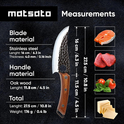 Matsata chef knife with 16cm stainless steel blade, oak handle, total length 27.5cm, food cutting guide