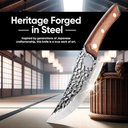 Japanese chef knife with hammered steel blade and wooden handle in traditional Japanese room