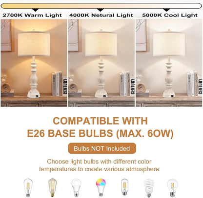 28.5" Tall Farmhouse Table Lamps Set of 2 for Living Room Rustic Bedside Lamps with USB C+A Traditional Lamp for Bedroom Nightstand Office Hallway, Washed White, Rotary Switch, Bulb Not Included4