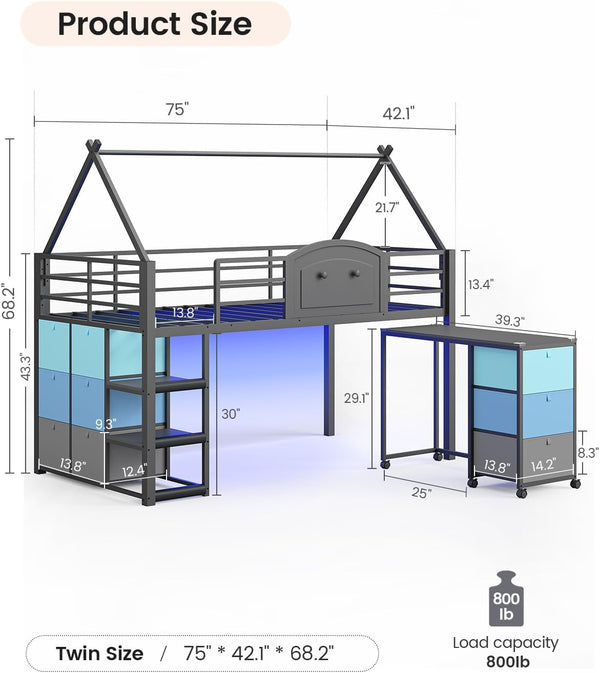 Twin Loft Bed with Desk and Storage for Kids, Metal Low Loft Bed Twin with 9 Drawers, 3-Tier Shelves, Led Lights, Safety Guardrail, No Box Spring Needed,Grey2