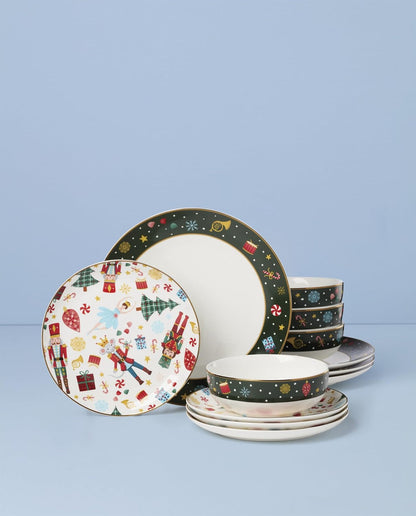 Nutcracker Ballet Porcelain 12-Piece Christmas Dinnerware Set for 42