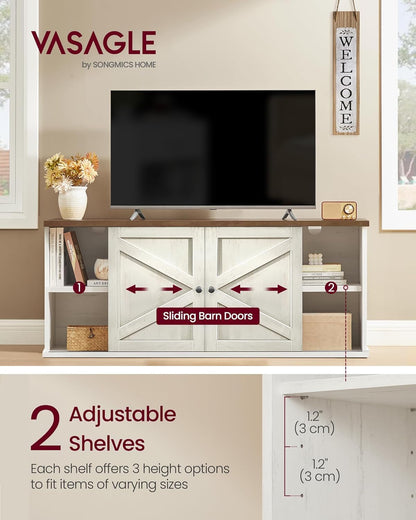 VASAGLE Farmhouse TV Stand for Tvs up to 65 Inches, Entertainment Center with Storage Cabinets and Sliding Barn Doors, Media Console Table for Living Room, Rustic White and Honey Brown ULTV535W012