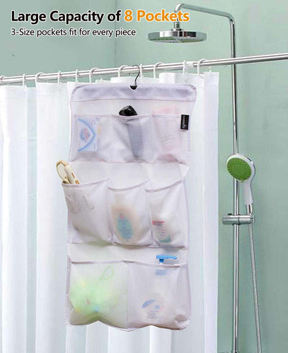 8 Pockets Mesh Shower Organizer Hanging Caddy with Rotating Hanger Quick Dry Bathroom Storage (White)2