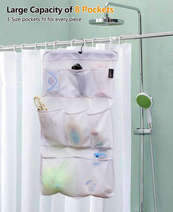8 Pockets Mesh Shower Organizer Hanging Caddy with Rotating Hanger Quick Dry Bathroom Storage (White)2