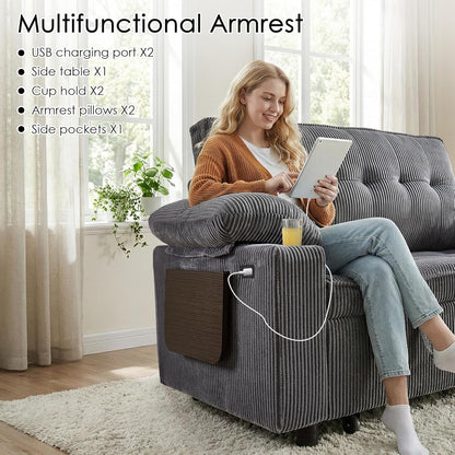 58In Sleeper Sofa Bed, Convertible Pull Out Couch Bed Full Size Corduroy Fabric Loveseat for Living Room, Apartment, Office(Darkgrey)4