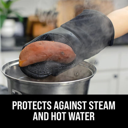 Bpa-Free Silicone Oven Mitts Ultra Heat Resistant up to 500°F - Oven Mitts with Thick Cotton Liner - Long Slip Resistant Pot Holders, Flexible Oven Gloves - Black 13.7"5