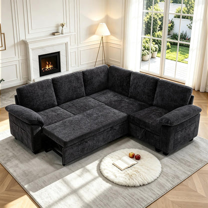 85 Inch Modular Sectional Sleeper Sofa with Pull Out Bed,L Shaped 5 Seat Sectional Couch with Storage, Modern Chenille Cloud Couch, Convertible Sectional Couches for Living Room, Apartment, Black1