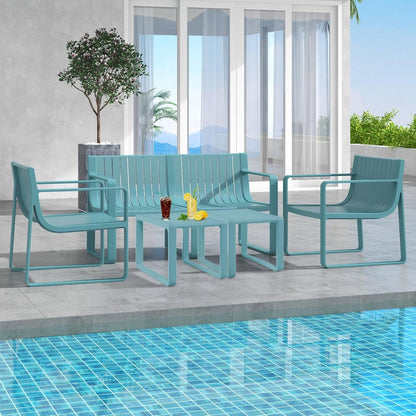 5-Piece Patio Furniture Set, Outdoor Conversation Set W/1 Loveseat, 2 Patio Chairs & 2 Side Tables, All-Weather Patio Bistro Set for Lawn, Backyard, Poolside, Balcony, Garden, Deck (Blue)3