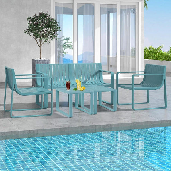 5-Piece Patio Furniture Set, Outdoor Conversation Set W/1 Loveseat, 2 Patio Chairs & 2 Side Tables, All-Weather Patio Bistro Set for Lawn, Backyard, Poolside, Balcony, Garden, Deck (Blue)3
