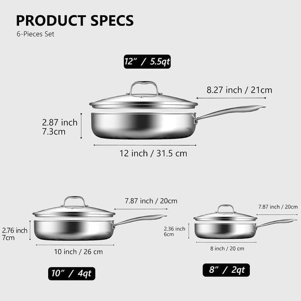 8, 10 and 12-Inch Non Stick Frying Pans with Lids, Ceramic Coating | 6-Piece Stainless Steel Cookware Set for Home Cooking, Dishwasher Friendly, Oven Safe, Induction Ready, for Men and Women8
