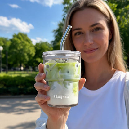 13Oz/400Ml Iced Coffee Cups with Lids and Straw，Sealed Carry on Thick Wall Glass Matcha Tumbler for Juice，Water, Late,Tea Fits Car Cup Holders for Office，Gym(Aurora White2